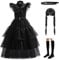 Singular-Point Wednesday Kleid Kostüm Kinder Wednesday Schwarz Tüllrock Kleid mit Perücke Gürtel und Socken Gothic Kleidung Family Kostüm für Erwachsene Kinder Halloween Karneval Cosplay