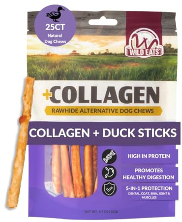 Wild Eats Real Duck Collagen Bully Sticks for Dogs (25 Pack,5 Inch) Long Lasting Dog Chews No Hide Dog Treat Bully Stick Alternative, Rawhide Free, Grain Free, High Protein
