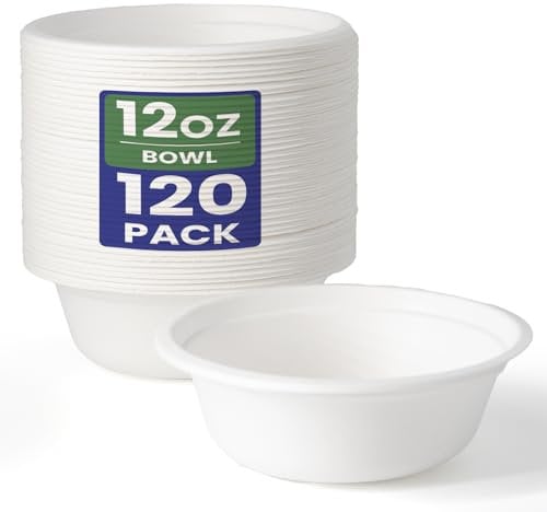 GreFusion Ultra Disposable Bowls 12oz Paper Bowls [120 Pack] Sugarcane Heavy-Duty