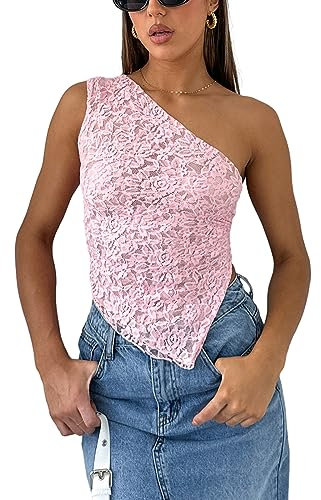 Y2k Long Sleeve Lace Crop Top Fairy Grunge Tee Shirt Patchwork Slim Fit T-Shirt Cute Kawaii Aesthetic Streetwear Fake 2 Piece Tops (Pink One Shoulder, M)