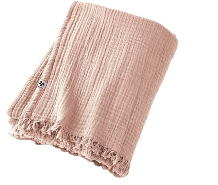 Mylittlebed Plaid Gaze de Coton Collection Gaïa L’Effet Papillon - Dessus de lit à Franges pour Chambre & Salon [ Edredon Couvre lit ] (Rose Guimauve, 130 x 160 CM)