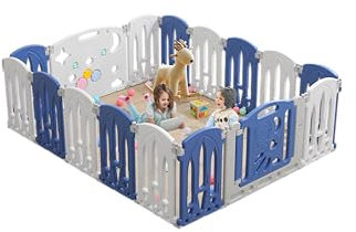 YUENFONG Laufgitter Baby Laufstall Faltbar Absperrgitter 14+2 Paneele mit Tür und Spielbrett Schutzgitter Kinderzaun für Kleinkinder und Baby(Blau Weiß)