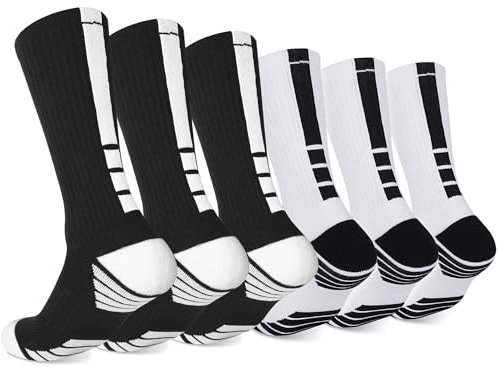 Finerview Elite Basketballsocken, 6 Paar, hochwertige Sportsocken für Erwachsene und Jugendliche, 3 x Schwarz und 3 x Weiß, Large