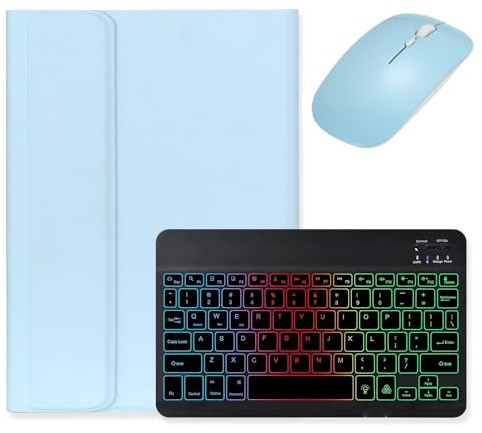 kaidisen Teclado retroiluminado para iPad de 9ª, 8ª y 7ª generación, iPad Air de 3ª generación/iPad Pro 10.5 con mouse, funda de teclado de color retroiluminado desmontable, azul claro y negro