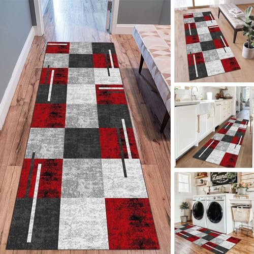 Lange Teppichläufer für Flure, 1,5 m, 2 m, 2,5 m, 3 m, 3,5 m, 4 m, 5 m, 6 m, schmaler Läufer, Teppich für Küche, Wohnzimmer, Eingang, rutschfeste, waschbare Bodenmatte, Grau/Rot/Schwarz ( Size : 60×30