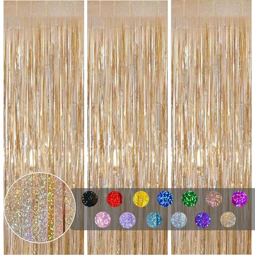 3pcs Tinsel Curtain Champagne Gold Glitter Foil Door Party Backdrop, 3.2ftx6.5ft Foil Fringe Streamers Shimmer Decorations for Birthday Wedding Christmas