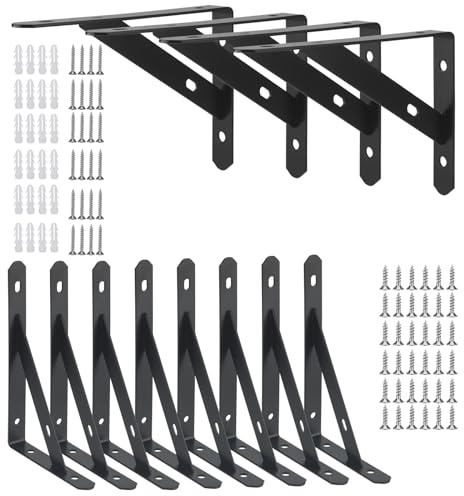 FAAING Lot de 12 equerre etagere de fixation murale en métal noir,150 mm, 90°, Avec vis, support etagere murale Pour montage mural et plaque de plâtre, Charge maximale : 30 kg