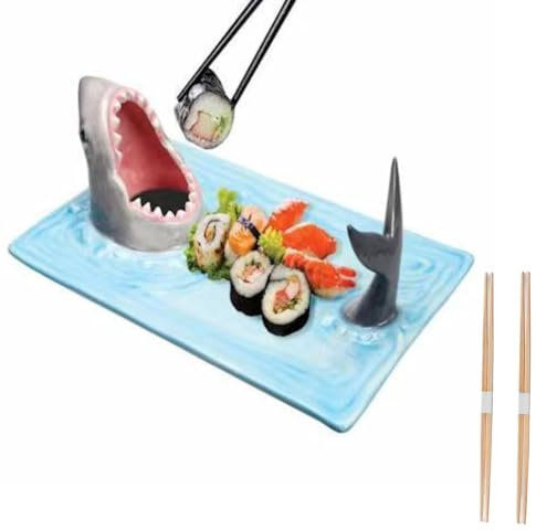 Plato de sushi Shark hecho a mano de cerámica con soporte para salsa de soja y divertidos soportes para palillos, apto para microondas y lavavajillas, bandeja de barco de sushi de tiburón con 2 pares