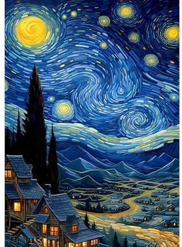 MXJSUA Diamond Painting Kits Für Erwachsene, 5D Diamond Art Kits Für Anfänger, DIY Vollbohrerbild Mit Diamant Für Heimwanddekoration, 30x40cm Sternenhimmel Dorf