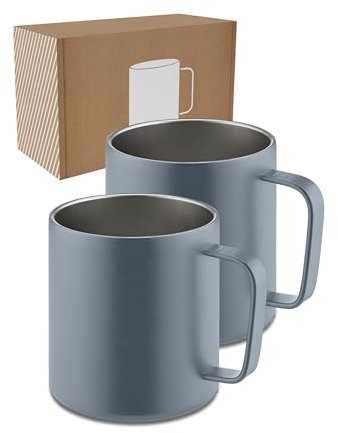 LAMBDA COFFEE® Edelstahl Tasse 2x360ml Thermobecher mit Henkel I Kaffeetasse doppelwandig isoliert I Tassen Set für Camping & Outdoor I Thermo Kaffee Becher (Blau)