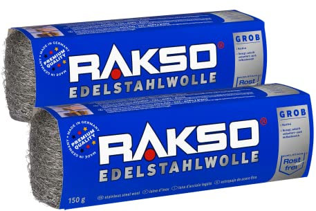 RAKSO Edelstahlwolle grob - 300 g, 2 Banderolen à 150g rostfrei, beseitigt hartnäckige Ablagerungen auf Fliesen, Keramik-Böden im Nassbereich