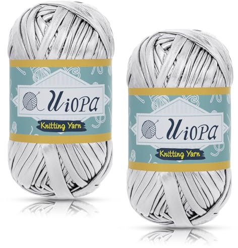 Uiopa Metallic T-Shirt Garn, 2 x 100g(2 x 45m) Bändchengarn Polyester Häkelgarn, Dickes Garn Crochet Yarn für Häkeltaschen, Körbe, Teppiche, Heimdekoration, DIY-Projekt (Silber Grau)