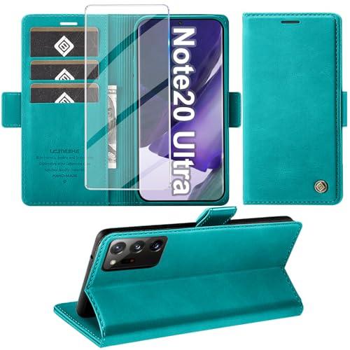 Giyer Hülle für Samsung Galaxy Note 20 Ultra 5G, Schutzhülle mit Displayschutzfolie, PU Leder Wallet Flip Case Standfunktion, Kartenfach, Klapphülle, Cyan