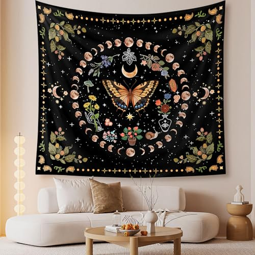 Zodight Gelb Schmetterling Wandteppiche Mondphasen Tapestry, Pflanzen Blumen Wandtuch Boho Wandbehang für Wohnzimmer Tabelle Zimmer Schlafzimmer