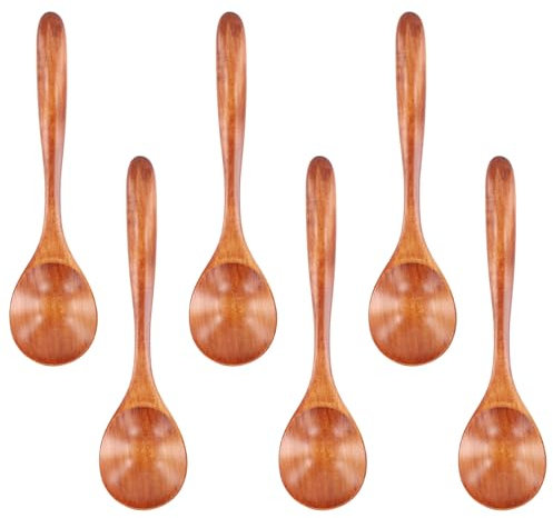 6 Piezas Cucharas de Madera, 16.5cm Longitud, Adecuado para Comer, Mezclar y Beber Sopa, Natural, Bueno para Tomar Café, Chocolate Caliente, Té y Miel