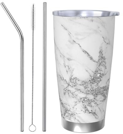 HDTVTV Elegante y chic mármol blanco gris plateado brillante Botella de agua aislada de 20 oz, taza de acero inoxidable, vaso de vacío, termo de agua