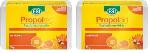 ESI - Propolaid Pastiglie Morbide, Caramelle Gola Gusto Miele con Propolis, Azione Balsamica e Antinfiammatoria, Senza Glutine e Vegetariane, 50 g (Confezione da 2)