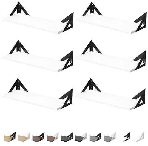 DINIAL Wall Mounted Floating Shelves for Wall Set of 6, Shelf Bookshelf for Bedroom Living Room Office Bathroom Kitchen Rustic Wood with Metal Bracket 02SH-06 (Super White/Black Brackets)