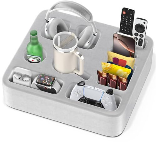 Almohada Portavasos para Sofa con 8 Ranuras, Organizador Mandos Sofa y Soporte Dispensador Bebidas, Mesa de Cabecera para Aperitivos/Auriculares/Tazas/Teléfonos, Organizador para Sofá/Cama, Gris