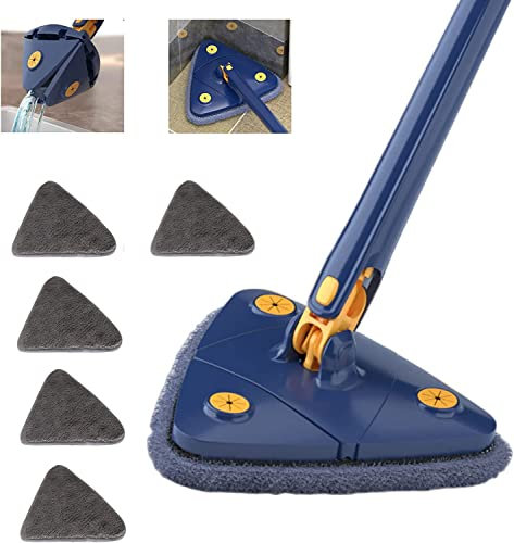 Escoba de limpieza triangular giratoria de 360 grados, ajustable, herramienta de limpieza multifunción, fregona de prensa automática (escoba azul + 5 paños de fregona) (azul)