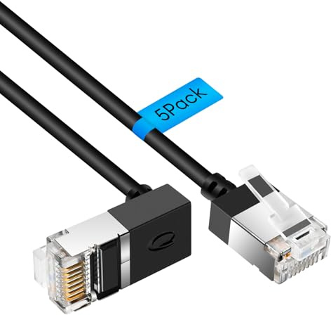 Flexible Gigabit Cat6 Ethernet Cable 270° Upward Angle 2M 5Pack, UTP | 10Gbps 550MHz Cat6a Network Ultra Slim Cable, Thin RJ45 LAN Cord, 90 Degree Internet Cord, for PC, Router, Windows (Black)