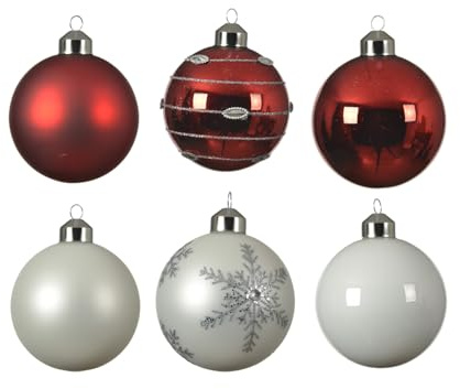 Christbaumkugeln Weihnachtskugeln Glas glänzend matt 6er Set Baumkugeln Baumschmuck (Rot Weiß)