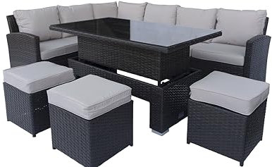 Rattan Garden Furniture Set with Rising Table 8 Seater – Outdoor Corner Sofa Dining Set with Adjustable Table and Footstools – Steel Frame Patio Set with Cushions – Brown Wicker