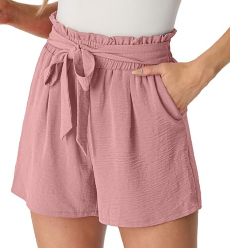 PrinStory Damen Shorts High Waist Kurze Hose Leicht Sommershorts Gürtel Breites Bein Strandshorts Mit Taschen (Rosa,M)