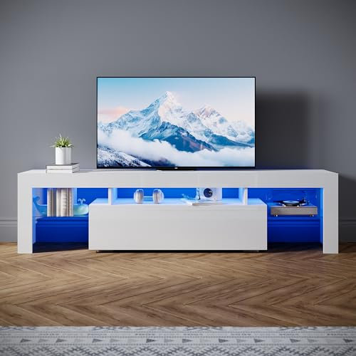 SONNI TV-Schrank Modern 180cm, Lowboard Hochglanz Weiß mit 16 Farben LED-Beleuchtung, Schublade, offene Glasböden, Fernsehtisch für Fernseher bis 65 Zoll Wohnzimmer & Schlafzimmer, 180x35x45cm.