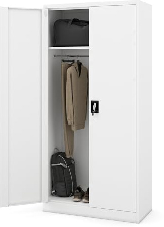 Jan Nowak Kleiderschrank abschließbar, Büroschrank mit Kleiderstange | Aktenschrank, Metallschrank mit Fächern, Kleiderstange, 50 kg Fachlast, Stahl 0,6 mm, Schloss, Wandmontage, 185 x 90 x 45 cm