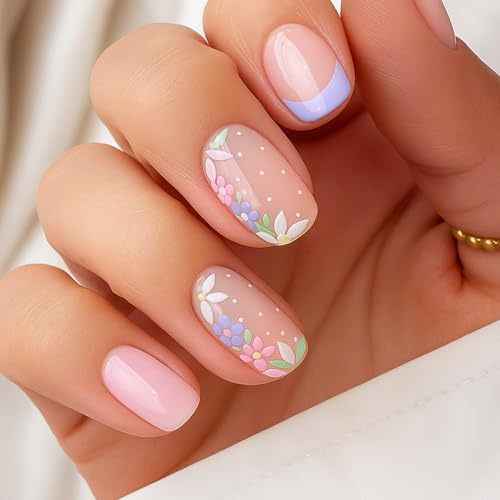 24PCS Short Press On Nails with Nude Pink Glossy Finish and Floral Pattern - Full Cover Stick On False Nails for Women Spring Summer Daily Wear, Parties, Weddings and Holidays