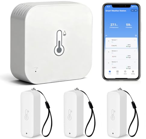 Chatthen Igrometro Wifi, Termometro Esterno, Wireless 150m Range, Tuya APP Data Storage e Calibrazione, Temperatura e Umidità Monitor, 3 Sensori e 1 Base Station, Compatibile con Alexa