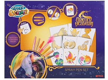 Unicorn Academy Spray Pen Set | Airbrush Malset mit 7 Pustestiften & 6 Schablonen | Zauberstifte für Kinder | Kreatives Bastelset mit Sprühstiften | Offizielles Netflix Fanartikel Geschenk