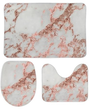 Cmagnifico Bathroom Mat Sets 3 Piece, Rose Gold Marble Bath Mat And Toilet Mat Set, Non-Slip Toilet Mat for Bathroom, Toilet