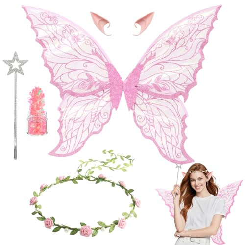 Feen Kostüm Damen Feenflügel Erwachsene Elfenohren Blumenkranz Halloween Kostüm Accessoires,Feenflügel Kinder Karneval Geburtstag Weihnachten Rollenspiel Theme Party