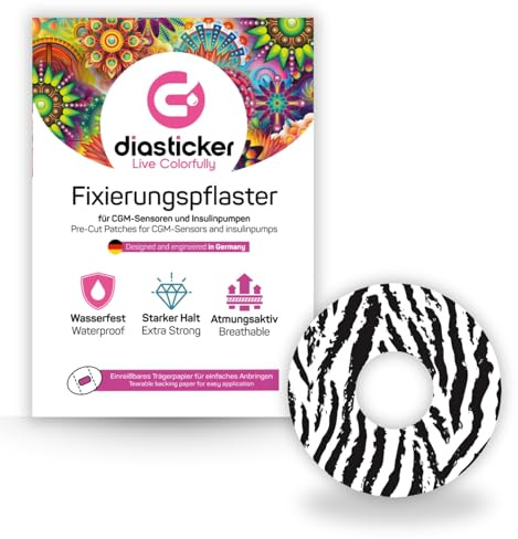 Diasticker® | Pflaster für Freestyle Libre 3 Sensor (10 Stück, Pure Zebra) | Wasserfest - Hautfreundlich - Atmungsaktiv - Starker Halt | Selbstklebende Fixierpflaster, Sensor-Fixierung