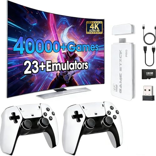 2025New Wireless Retro Game Console, 40000+Games and 23 Emulators, Plug and Play 4K HD HDMI TV Game Stick, with Dual 2.4G Wireless Controllers (128G) White