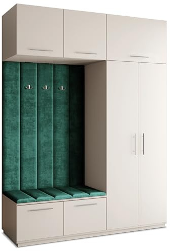 Masseno Flugarderoben Set Rema, Kleiderschrank-Set mit Sitzbank, Garderobenschrank Flur mit 5 Regalböden, Kaschmir