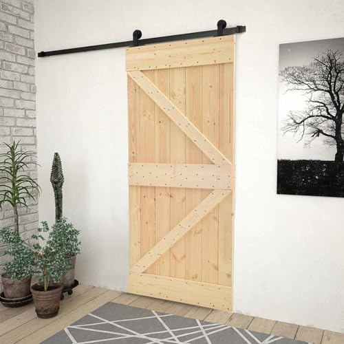 kithwjll Porta scorrevole in legno di pino massiccio naturale e nero, 80 x 210 cm, con guida in acciaio verniciato a polvere, salvaspazio, per interni e ristrutturazioni