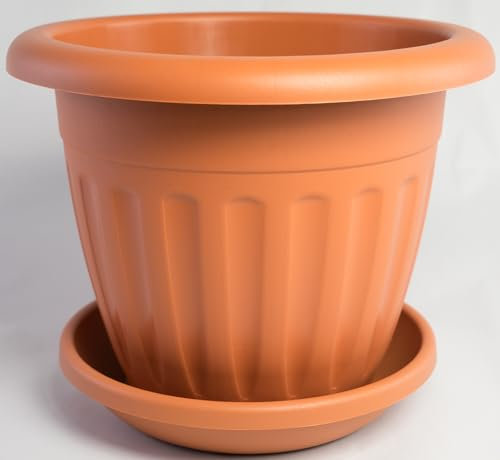 Pot de fleurs AZTEKI avec soucoupe assortie, en différentes couleurs et tailles, couleur : terre cuite, diamètre : 25 cm