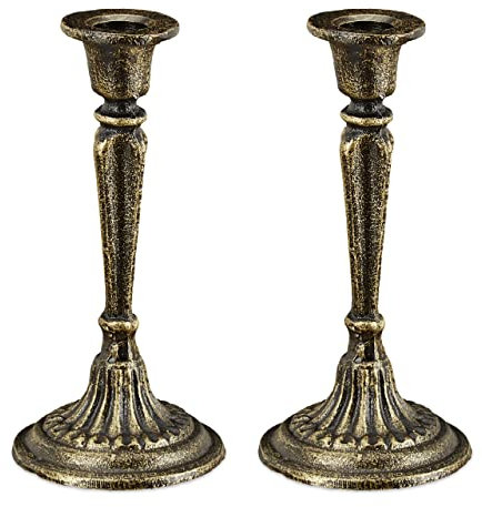 2 x Kerzenständer, einarmig, für Tafel- & Stabkerzen, Vintage, Kerzenhalter Gusseisen, HxD 19 x 9 cm, schwarz/Gold