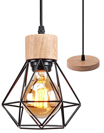 TOKIUS Suspension Luminaire Vintage Industrielle Lustre Abat-jour en Métal et Bois Ø160mm Plafonnier E27 avec Bois Rétro Pour Salon Cuisine Chambre (1pcs)