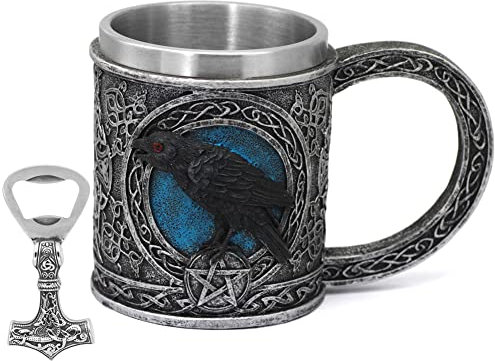 PBTMCD 3D Viking Tankard Mug with Thor's Hammer Bottle Opener, 304 Stainless Steel Insert Resin Whiskey Barrel Cup Bar Stein Beer Mug, for Men Father's Day Coffee Mug Gift,Raven