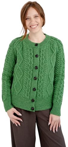 SAOL Ladies Irish Wool Cable Knit Cardigan Made in Ireland, Green, XS