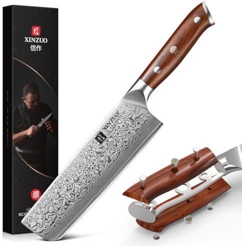 XINZUO 18.5cm Acciaio Damasco Coltello Nakiri, Affilata Coltello da Cucina 67 Strati Acciaio Damasco Professionale Coltello da Cuoco, Adatto per Carne, Verdura, Frutta-con Manico in Legno di Rosa