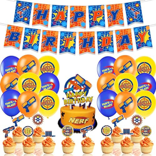 HEMYTAP Dart War Party Dekorationen Enthält Dart Happy Birthday Banner, Cake Topper, Cupcake Toppers und Luftballons für Jungen Dart War Geburtstag Thema Supplies Dekorationen