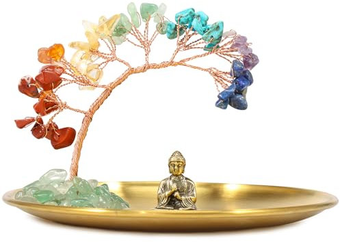 JETHMA Arbre en cristal à sept chakras avec statue de Bouddha, arbre à monnaie en cristal pour équilibre énergétique, décoration chakra pour chance, richesse, décoration d'intérieur (vert)