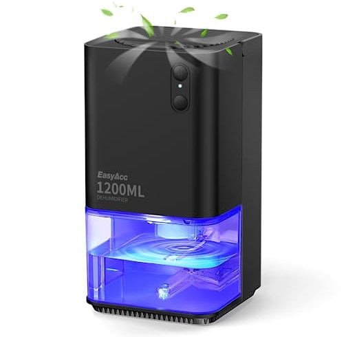 Dehumidifiers for Home Damp, EasyAcc 1200ml Electric Dehumidifier with Ultra Quiet & Auto Shut off 7 Colorful LED Portable Mini Dehumidifier for Wardrobe Bathroom Closet RV Bedroom Garage-BlacK