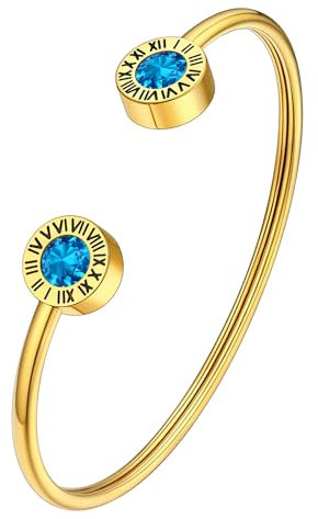 Supcare Offener Armband Frauen Römisch Ziffer Armbänder mit Geburtsstein Blau Topas Armband Gold Armreif Rock Armschmuck Minimalismus Armbändchen Memorial Armkette Modeschmuck für Muttertag