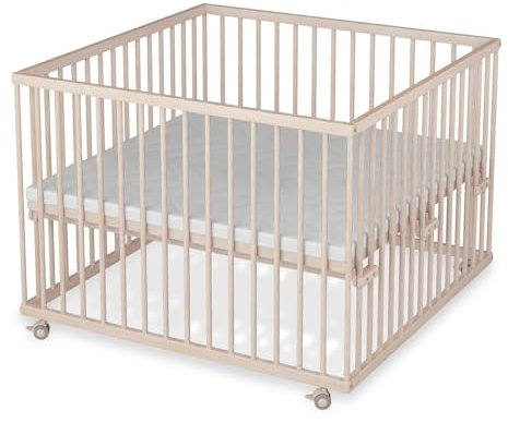Sämann Laufstall Baby mit Matratze, Schlupfsprossen & Lattenrost | stufenlos höhenverstellbar | Laufgitter Premium | Babybett aus Holz | Krabbelgitter (natur, 100x100 cm)